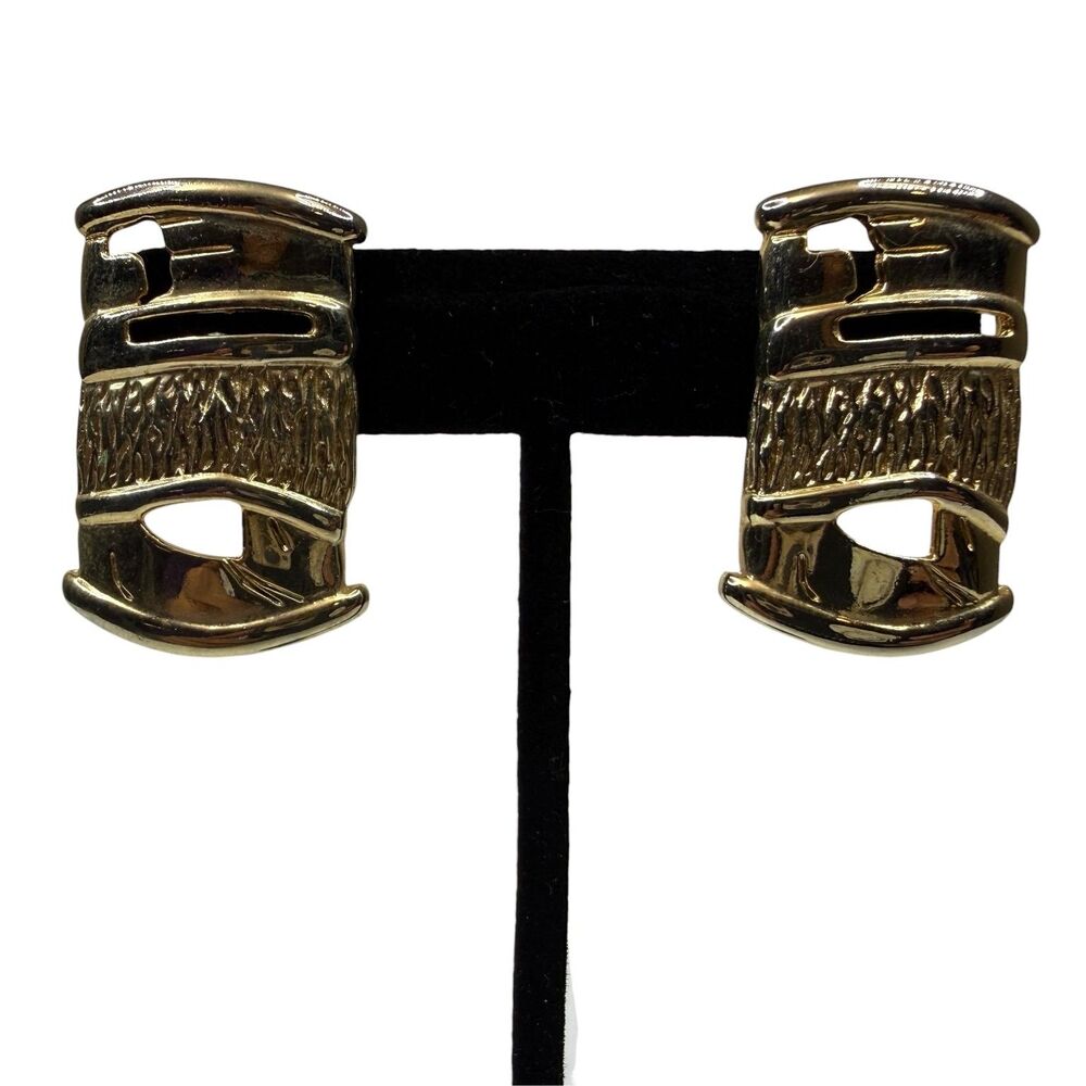 VTG Gold Tone Textured Rectangle Cuff Barrel Statement Fashion Earrings 1.5"
